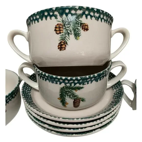 VTG Thomson Stoneware Green Sponge Pinecone Handled Soup Bowls & Plates Set of 4 - Picture 1 of 7
